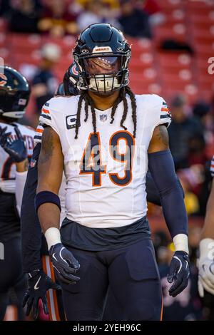 Landover, Maryland, Stati Uniti. 27 ottobre 2024. Il linebacker dei Chicago Bears Tremaine Edmunds (49) prima della partita tra Chicago Bears e Washington Commanders giocata a Landover, Maryland. Cory Royster/Cal Sport Media/Alamy Live News Foto Stock
