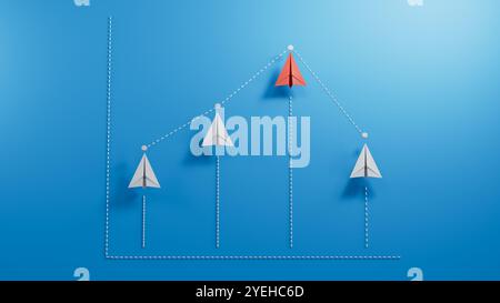 Grafico e diagramma dai piani con diminuzione. Finanza e business concept. Illustrazione 3D.rendering 3D su sfondo blu. Foto Stock