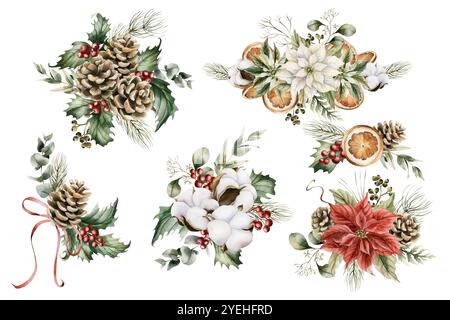 Composizioni floreali invernali natalizie. Set di illustrazioni floreali vintage isolate disegnate a mano ad acquerello per il design natalizio invernale, carte, h Foto Stock