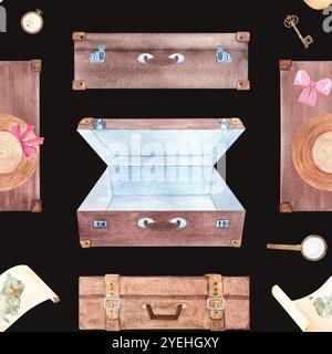 Valigie, pergamena con mappa dell'Australia, cappello da sole, lente d'ingrandimento motivo acquerello senza cuciture su sfondo nero. Disegnato a mano per il veicolo fermo Foto Stock
