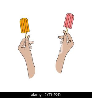 Mano umana che tiene il gelato. Gelato su bastone, torta eschimese. Illustrazione del vettore lineare disegnato a mano. Illustrazione Vettoriale