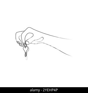 Mano che tiene le chiavi. Arte su una linea. Il concetto di vendita immobiliare. Illustrazione vettoriale disegnata a mano. Illustrazione Vettoriale