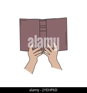 Mani che tengono aperto il libro. Disegno grafico. Lettura, concetto educativo. Illustrazione vettoriale disegnata a mano. Illustrazione Vettoriale