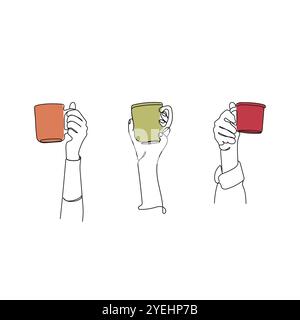Gruppo di persone alzate mani che tengono tazze. Disegno di una line art. Illustrazione vettoriale disegnata a mano. Illustrazione Vettoriale