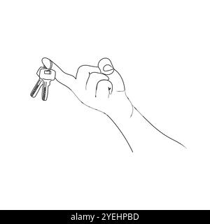Mano che tiene le chiavi. Disegno grafico. Il concetto di vendita immobiliare. Illustrazione vettoriale disegnata a mano. Illustrazione Vettoriale
