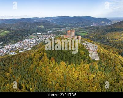 Vista aerea, Reichsburg Trifels, Annweiler, Palatinato, Renania-Palatinato Forest in autunno, Germania, Europa Foto Stock
