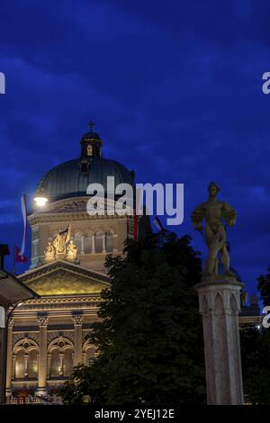 La splendida Bundeshaus illuminata dall'edificio del Parlamento o dal Palazzo Federale con la Statua notturna nella città di Berna, Canton Berna, Svizzera, Europa Foto Stock