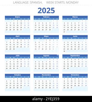 calendario spagnolo di 2025 anni. Illustrazione vettoriale stampabile per la Spagna (verticale) Illustrazione Vettoriale