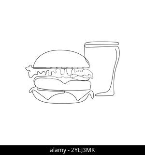 Un disegno a riga di hamburger e bibita analcolica o cola. Cheeseburger fast food. Concetto di Street food. Illustrazione vettoriale disegnata a mano. Illustrazione Vettoriale