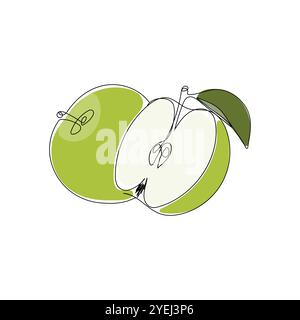Green apple one continuous line drawing. Sliced and whole organic apple. Hand drawn vector illustration. Illustrazione Vettoriale