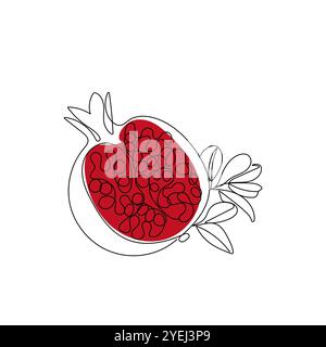 Melagrana. Melograno tagliato in uno stile di disegno a linea singola. Melograno organico a metà fette. Illustrazione vettoriale disegnata a mano. Illustrazione Vettoriale