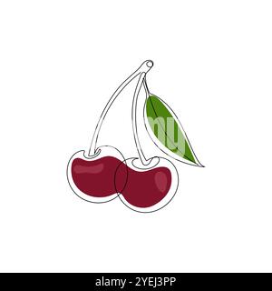 Ciliegia. Uno stile di disegno a linea continua. Design vegano con cibo fresco. Illustrazione vettoriale disegnata a mano. Illustrazione Vettoriale