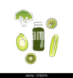 Bevanda fresca e salutare con ingredienti verdi. Set di frutta e verdura. Disegno a una linea continua design minimale. Illustrati vettoriali disegnati a mano Illustrazione Vettoriale