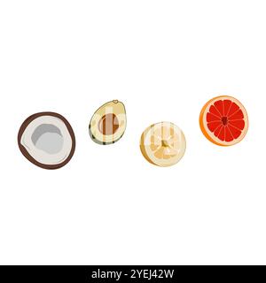 Set di frutti esotici tropicali. Tagliare a metà cocco, avocado, limone e pompelmo. Illustrazione vettoriale. Illustrazione Vettoriale