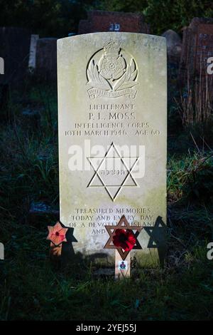 Tomba ebraica del tenente P.L. Moss dell'Intelligent Corps presso l'Old Jewish Cemetery di Southampton Common, Southampton, Hampshire, Inghilterra, Regno Unito Foto Stock