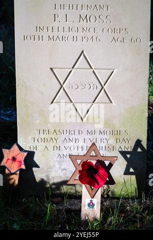 Tomba ebraica del tenente P.L. Moss dell'Intelligent Corps presso l'Old Jewish Cemetery di Southampton Common, Southampton, Hampshire, Inghilterra, Regno Unito Foto Stock