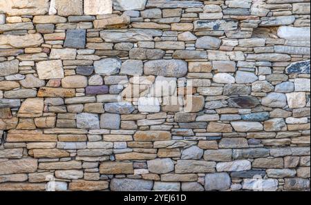 Sfondo strutturato e senza cuciture di un antico muro di pietra con pietre di forma e dimensioni diverse Foto Stock