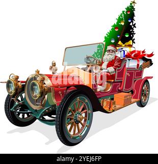 Babbo Natale vettore che guida un'auto retrò natalizia. Formato EPS-10 disponibile separato da gruppi e livelli per una facile modifica Illustrazione Vettoriale