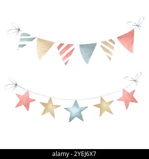 Ghirlande natalizie con bandiere a forma di triangolo e stella per la decorazione nei colori rosso, blu e beige. Set di elementi isolati ad acquerello disegnati a mano per biglietti d'auguri, confezioni e design per feste. Foto Stock