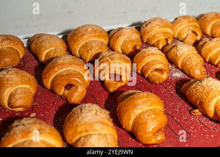 Croissant o bagel con marmellata sul piano di produzione. Mini panetteria, pasticcini squisiti. Foto di alta qualità Foto Stock