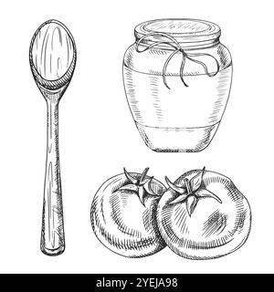 Illustrazione vettoriale di un set di pomodori, un barattolo di salsa e un cucchiaio grande di legno. Utensili da cucina, utensili, piatti. Illustrazione disegnata a mano in linea Illustrazione Vettoriale