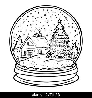 Globo della neve con un accogliente cottage e albero di Natale circondato da fiocchi di neve Illustrazione Vettoriale