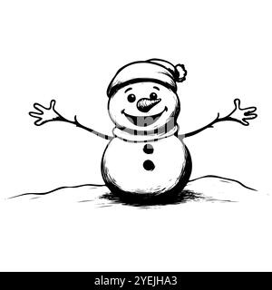 Pupazzo di neve felice a braccia aperte, con cappello e sciarpa, in piedi nella neve Illustrazione Vettoriale