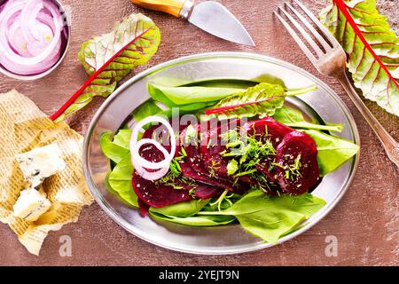 insalata di barbabietola bollita e cipolla su sfondo scuro. Foto Stock