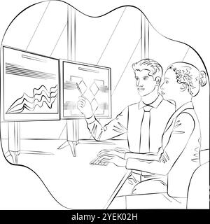 Uomo e donna studiano i rapporti per identificare e comprendere i problemi nel processo decisionale. Concetto di business. Schizzo. Illustrazione vettoriale. Illustrazione Vettoriale