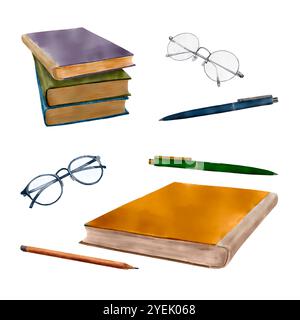 Una serie di libri ad acquerello e una pila di libri impilati uno sull'altro. Illustrazione acquerello, clipart colorato su sfondo bianco. Penci Foto Stock