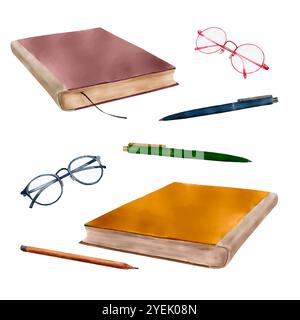 Una serie di libri ad acquerello e una pila di libri impilati uno sull'altro. Illustrazione acquerello, clipart colorato su sfondo bianco. Penci Foto Stock