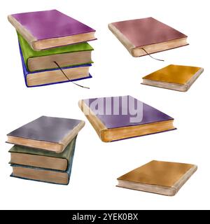 Set di libri ad acquerello e pila di libri impilati uno sopra l'altro. Illustrazione in acquerello, in digitale. Libri isolati su sfondo bianco Foto Stock