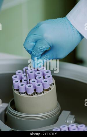 Posizionamento manuale delle provette per analisi con guanti in una macchina per centrifuga in laboratorio. Apparecchiature di laboratorio visibili, che dimostrano un'attenta manipolazione dei campioni Foto Stock