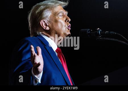 L'ex presidente Donald Trump parla al raduno della campagna elettorale a Hialeah, Florida, l'8 novembre 2023. Foto Stock