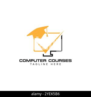 Computer Graduation Hat School learning online illustrazione vettoriale. Display del monitor del computer e cappuccio graduato. Formazione online, e-learning, online Illustrazione Vettoriale