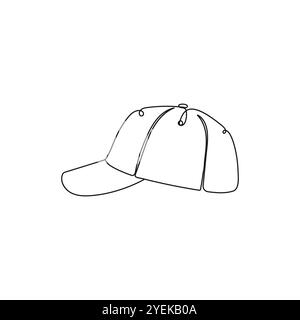 Cappellino da baseball. Cappello sportivo. Accessorio da viaggio, abbigliamento sportivo. Un disegno a linea continua. Illustrazione vettoriale disegnata a mano. Illustrazione Vettoriale
