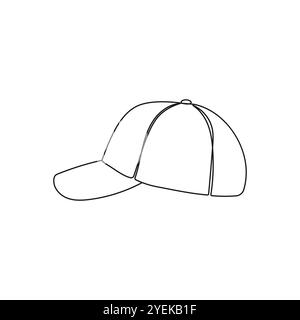 Cappellino da baseball. Cappello sportivo. Accessorio da viaggio, abbigliamento da trekking. Un disegno a linea continua. Illustrazione vettoriale disegnata a mano. Illustrazione Vettoriale