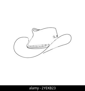 Disegno continuo di un cappello da cowboy su una sola linea. Copricapo lineare nero minimalista isolato su sfondo bianco. Illustrazione vettoriale disegnata a mano. Illustrazione Vettoriale