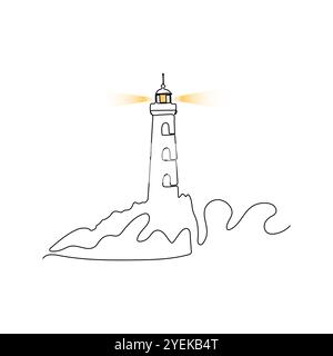 Faro nel mare tempestoso. Beacon in stile disegno a linea continua. Illustrazione Vettoriale