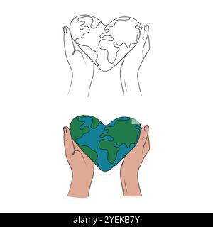 Mani che tengono il pianeta, la terra. Giornata mondiale dell'ambiente. Concetto di giornata della Terra. Illustrazione del vettore di linea. Illustrazione Vettoriale