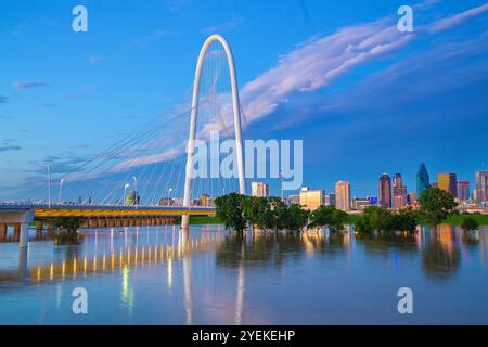 Splendida vista del Margaret Hunt Hill Bridge e dello skyline del centro di Dallas durante Una rara inondazione sul Trinity River Levee a Dallas, Texas Foto Stock