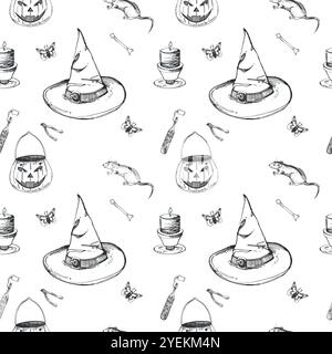 Motivo senza cuciture per Halloween. Cappello, cestino di zucca, ratto, candela ardente, farfalla. Tutti gli oggetti sono disegnati a mano con inchiostro e trasferiti al vettore Illustrazione Vettoriale