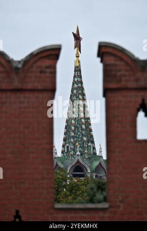 Vista della torre del Cremlino e delle mura del Cremlino. Mosca, Russia Foto Stock