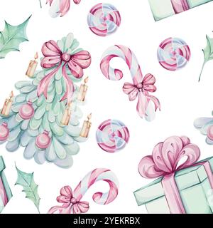Motivo senza cuciture acquerello - canna da zucchero, Natale tre, lecca lecca alla cannella dolce menta piperita rosa bianco, regalo con fiocco rosso, scatola verde, Jingle Golden Illustrazione Vettoriale