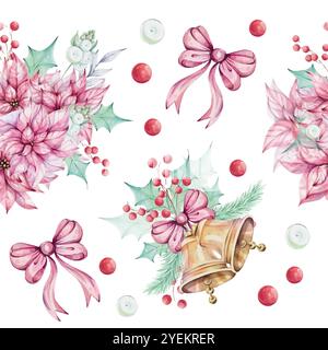 Acquerello natalizio motivo senza cuciture - bouquet di fiori di punta rossa, composizioni con foglie verdi agrifoglio e mignolo, bacche rosse. Jingle dorato Illustrazione Vettoriale
