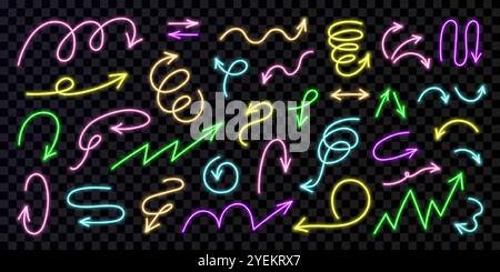 Frecce al neon disegnate a mano. Elementi di schizzo vettoriali. Illustrazione Vettoriale