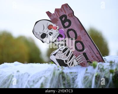 Londra, Regno Unito. 31 ottobre 2024. Decorazioni di Halloween o Hallowe'en esposte fuori dalle case nel sud di Londra : credito: Ashley Western/Alamy Live News Foto Stock