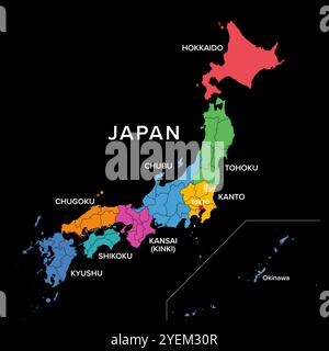 Regioni del Giappone, mappa politica multicolore su nero. Unità tradizionali utilizzate per la statistica e altri scopi. Foto Stock