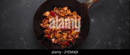 Piatto tradizionale cinese, pollo kung pao in wok pan su sfondo scuro, vista dall'alto Foto Stock