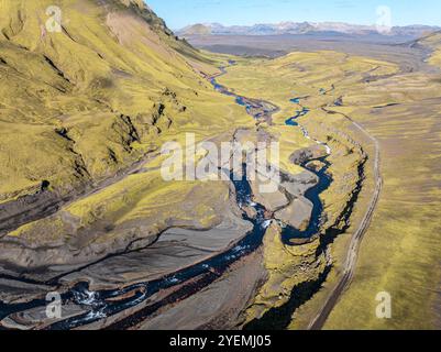 Strada F232 Öldufellsleid, lungo le pendici settentrionali del ghiacciaio Myrdalsjökull e Monte coperto di muschio. Öldufell, Mt. Maelifell nella parte posteriore, sabbia lavica nera, aer Foto Stock